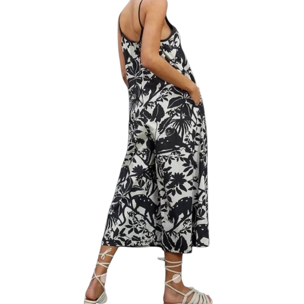 Anthropologie Maeve Chrysanthemum Black White Wite Leg Pant Jumpsuit Jungle XS - Picture 2 of 13